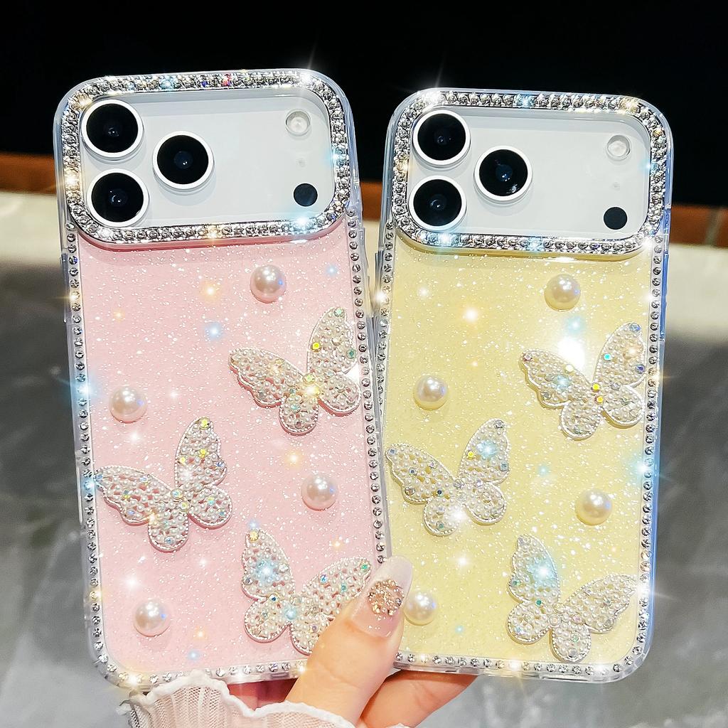 Jewelled Border Pearl Butterfly Glitter Phone Case for IPhone 17 Air 16E 17 16 15 14 13 Pro Max Transparent Cover