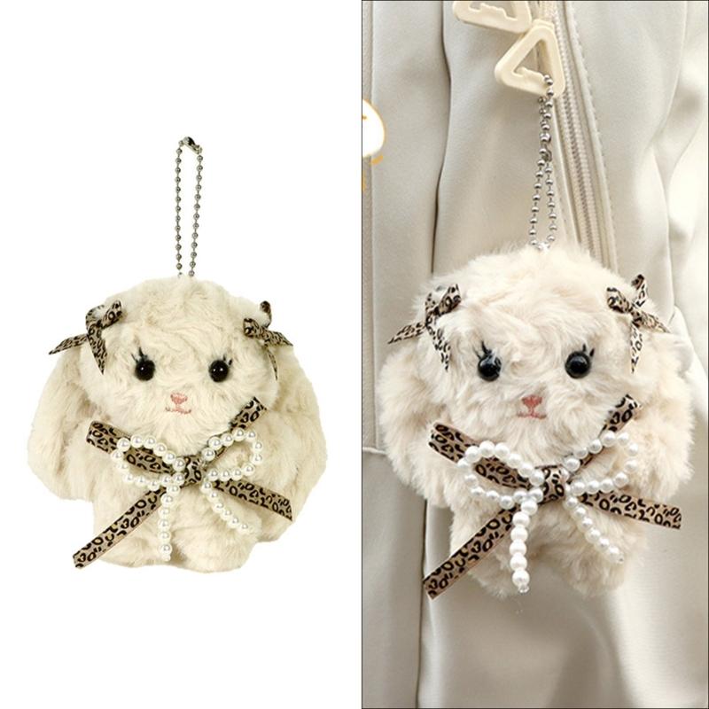 Lovely Bowknot Rabbit Keychain Plush Animal Shaped Keyring Student Bag Charm Backpack Accessory for Fashionable Women