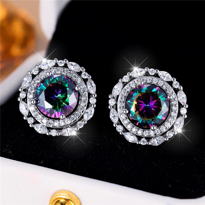 Female Crystal Rainbow Zircon Stone Round Stud Earrings Vintage Silver Color Wedding Fashion Jewelry For Women