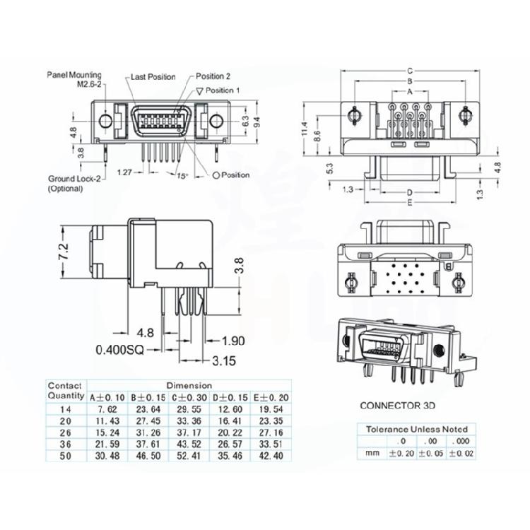 Robuster SCSI-Buchsen-Board-Steckverbinder Metallkontakte 14pol 20pol 26pol 36pol 50pol Lötplatine Halter