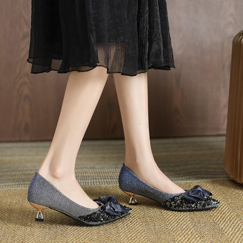 Modne 5cm Damskie Czółenka na Wysokim Obcasie typu Kitten OL Damskie Koronkowe Kokardy Paillette Szpilki Damskie Biurowe Sukienkowe Escarpins Buty Ślubne