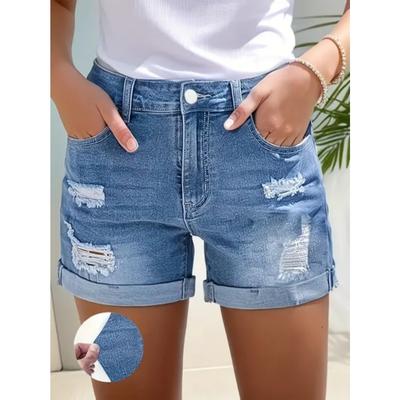 Damen Stretch-Denim-Shorts mit Distressed Streetstyle Fransenkanten - Mittel bis lang Elastischer Bund Lässige Sommer-Shorts