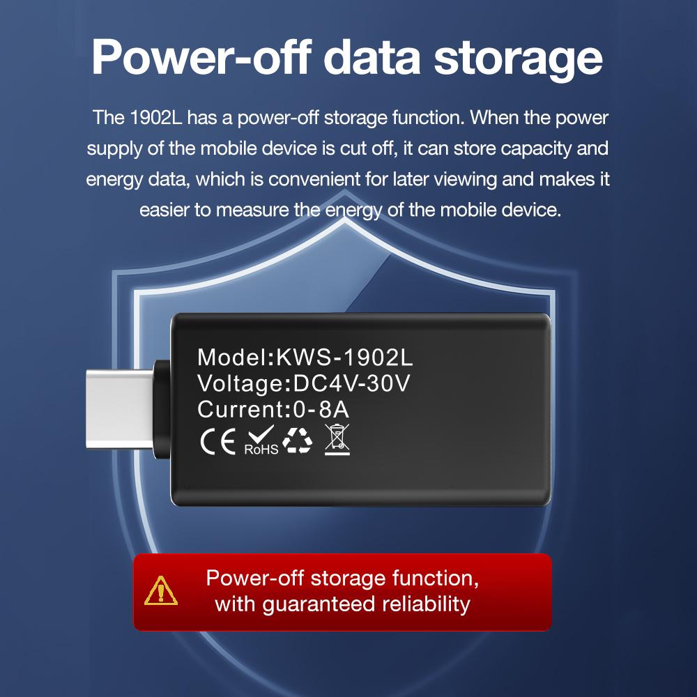 Neuer KWS-1902L Typ-C Strom- & Spannung 4-30V 0-8A Leistungsmesser Digitaler Farbbildschirm Tester Messgerät Stromausfallspeicherung