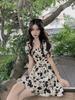 Summer new high waist and thin small medium and long dress French floral temperament fashion bubble sleeve dress women