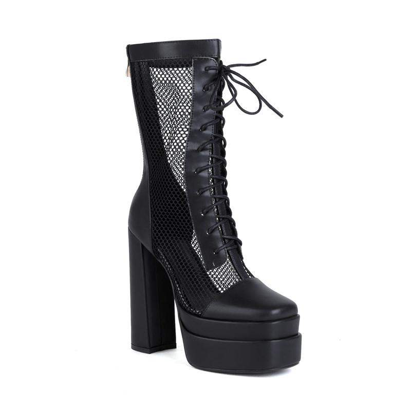Women's High-heeled Short Boots Sexy European and American Style Waterproof Platform Thick-heeled Large-size Net Boots