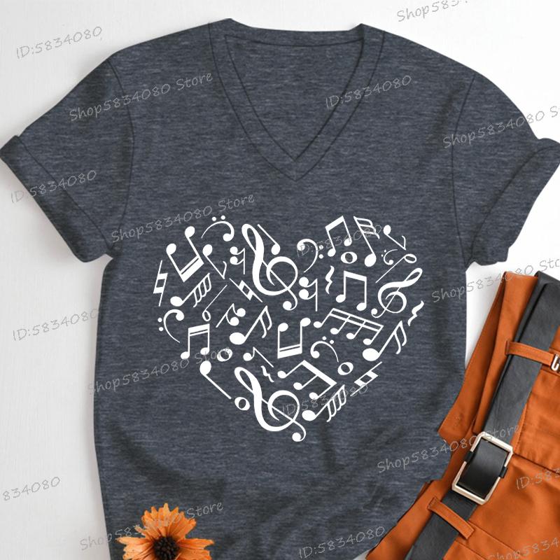 Womens T Shirt Music Notes Heart Print Short Sleeve Daily V Neck Tshirt Music Teacher Gift Tees Music Lover Fashion Streetwear