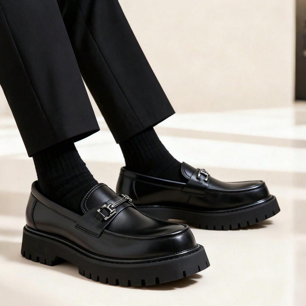 Fashion Classic Thick Sole Men'S Penny Loafers Slip-On Business Dress Shoes For Gentleman Metal Buckle Formal Party Black Shoes