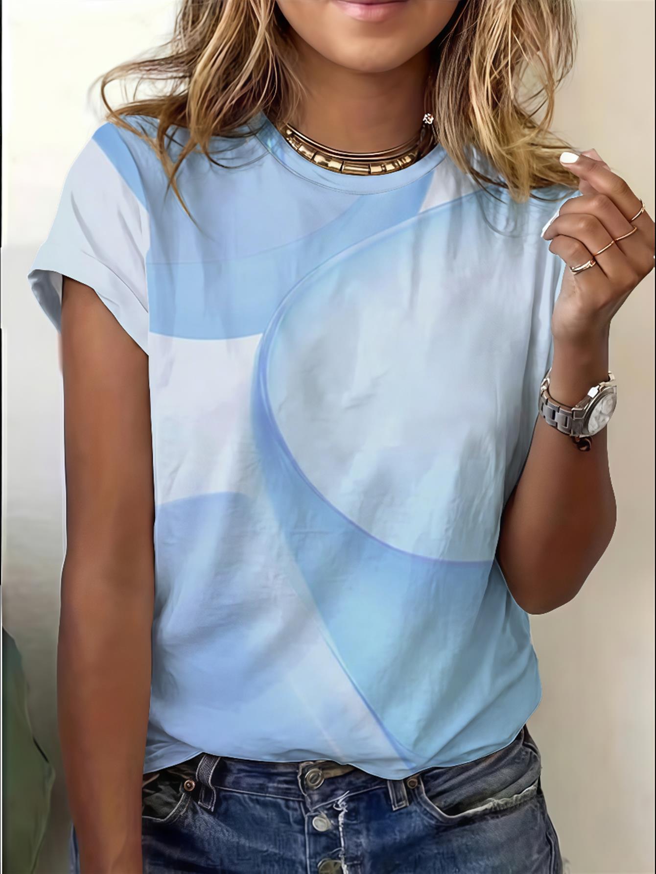 Women s loose round neck T-shirt, soft blue-purple gradient, breathable and comfortable. XXS