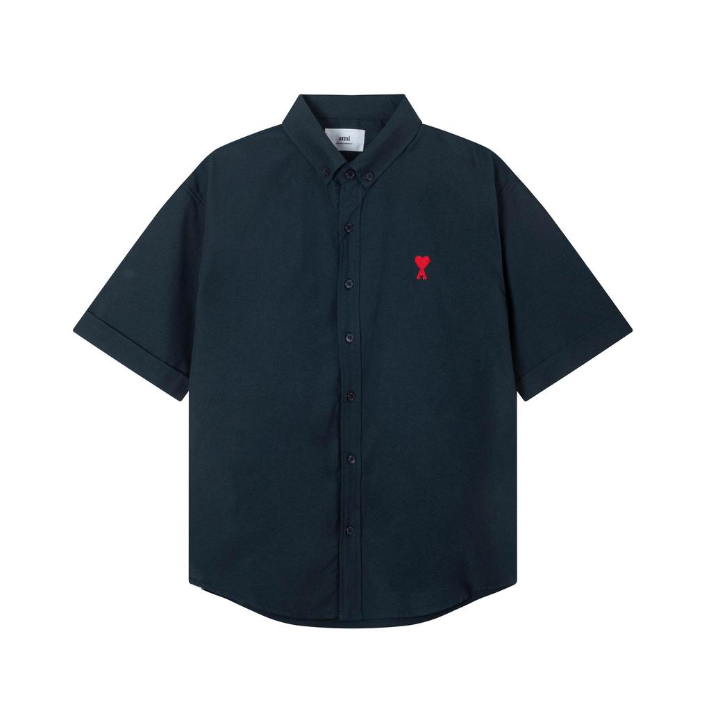 AMI Men's Classic Spring and Autumn Red Heart Embroidered Casual Cotton Solid Color Short Sleeve Shirt On the Chest