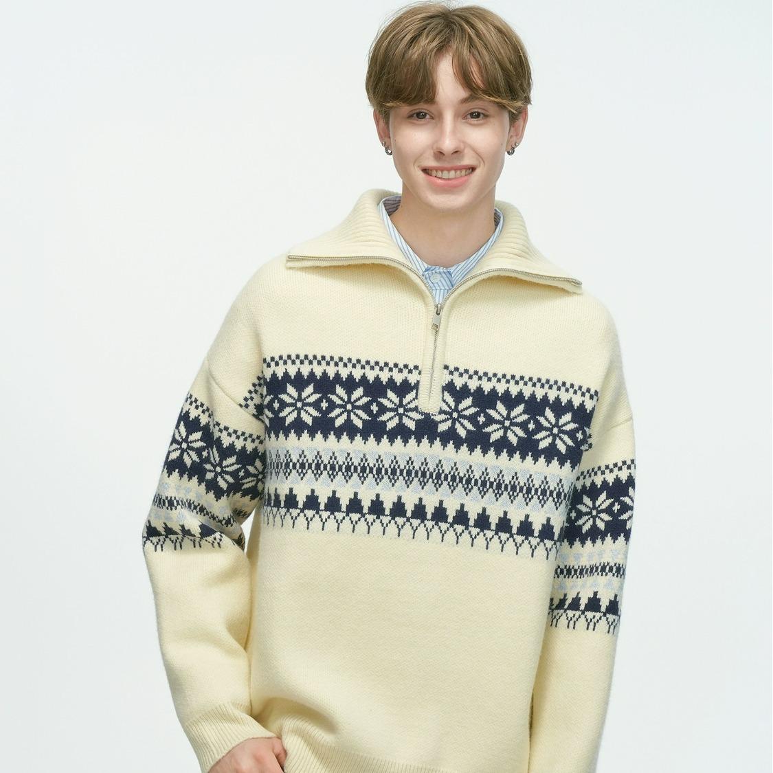 Unisex Retro Fair Isle Red Half-Zip Sweater: Autumn/Winter Knit Pullover M
