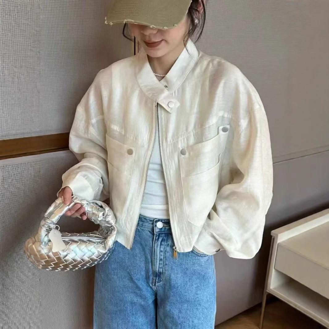 

Женская куртка в корейском стиле на весну/лето 2025 года, универсальная, с защитой от солнца - модный однотонный кардиган со стойкой Large грязно-белый