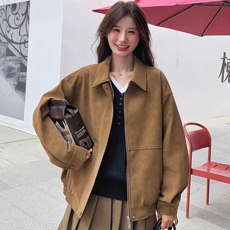 Women S Vintage Suede Jacket Loose Fit Lapel Casual Moto Coat