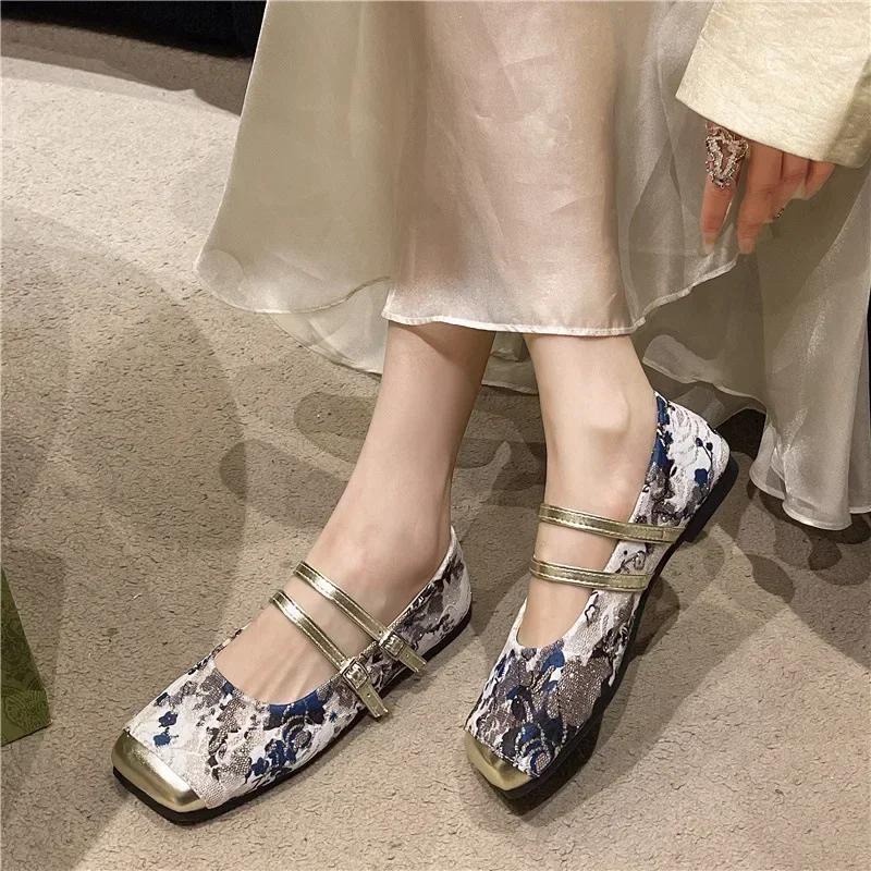 Fashion Women's Flat Shoes Square Toe Print Casual Shoes Ladies Breathable Outdoor Soft Mary Jane Shoes 2025 Zapatos De Mujer