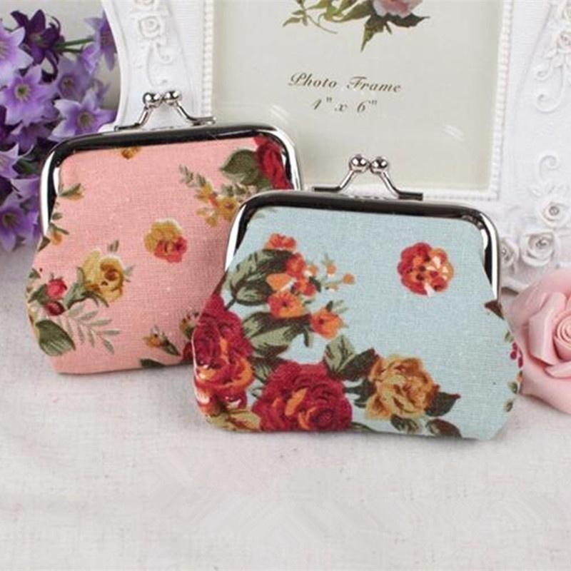Women Girl Retro Rose Flowers Printed Hasp Canvas Coin Purse Wallets Buckle Pouch Bag Gift 1 Pc