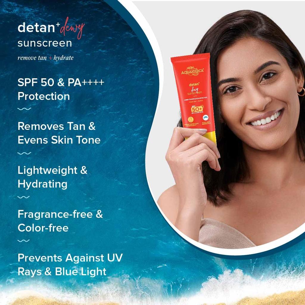 Aqualogica Detan+ Dewy Sunscreen SPF 50 PA++++ for Men & Women 80g X Pack of 2 Hydrating Sun Protection
