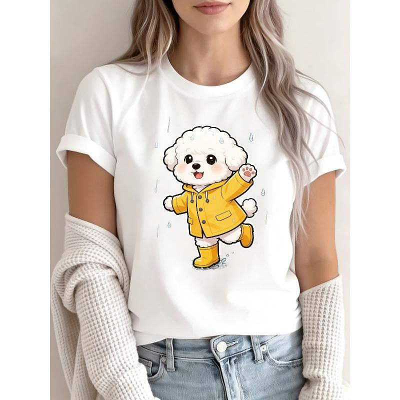 

Cute Cartoon White Dog In Yellow Raincoat Boots Print Tee For Women S белый