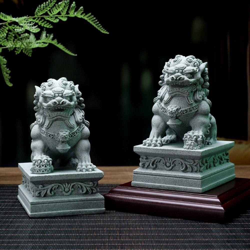 2Pcs Traditional Craft Guardian Lion Statue Sandstone Desktop Adornments  Zen Room