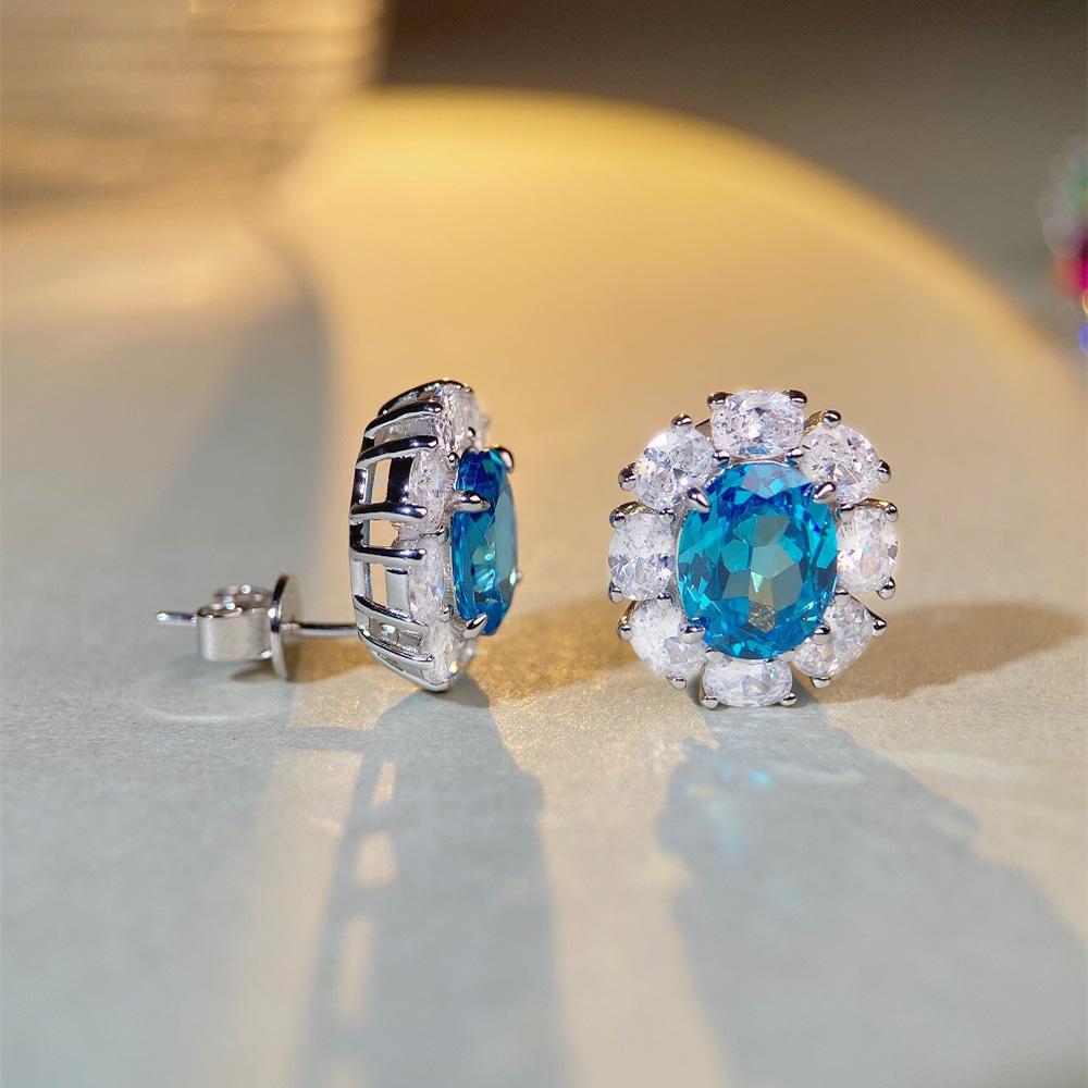 Boucles d'oreilles Nine Beauty en argent sterling S925 pour femmes avec topaze bleu marine et détails en diamant à haute teneur en carbone