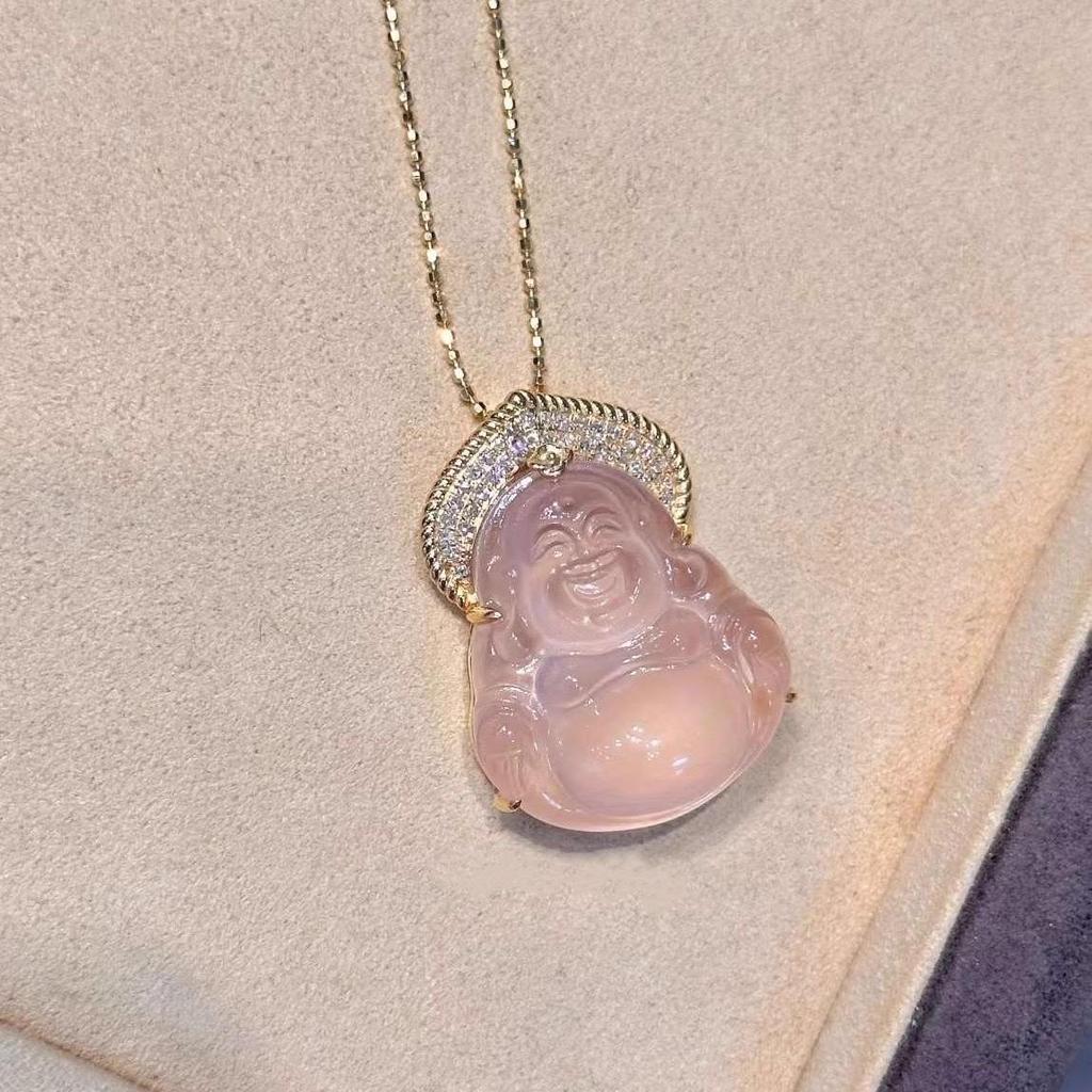 Hibiscus Pink Imitation Jade Laughing Buddha Pendant Necklace - Light Luxury, High-End Pink Crystal, Maitreya Buddha Design.
