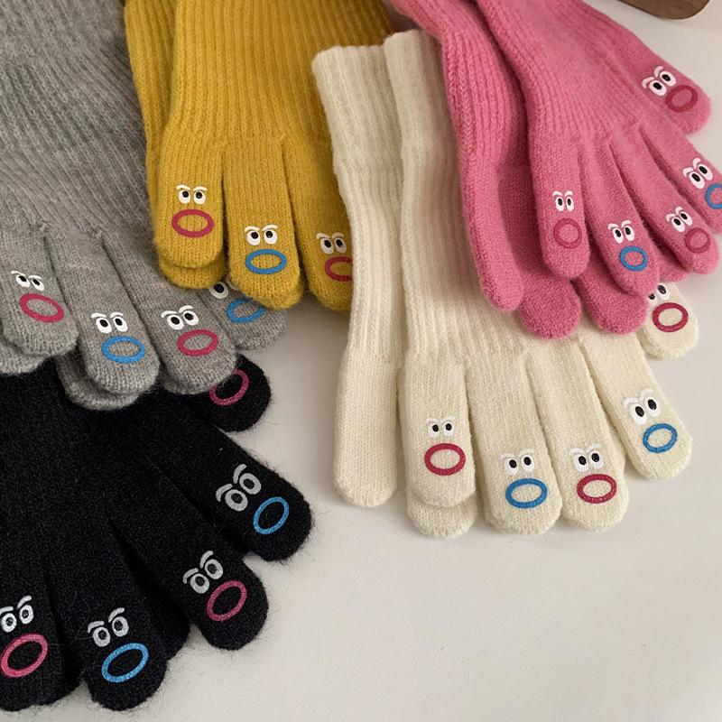 Cute Solid Color Knitted Wool Warm Gloves for Women In Winter with Fingerless Touch Screen Students with Split Fingers To Prevent Cold Cycling Cartoon