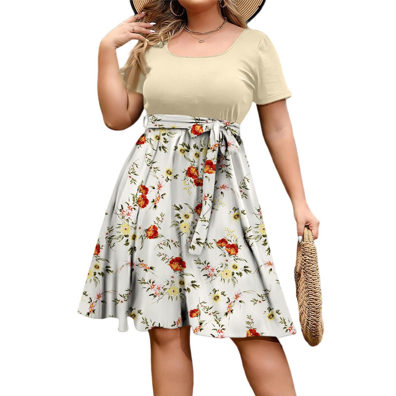 

Женское модное и трендовое платье с круглым вырезом и короткими рукавами на талии с принтом размера плюс XXXL