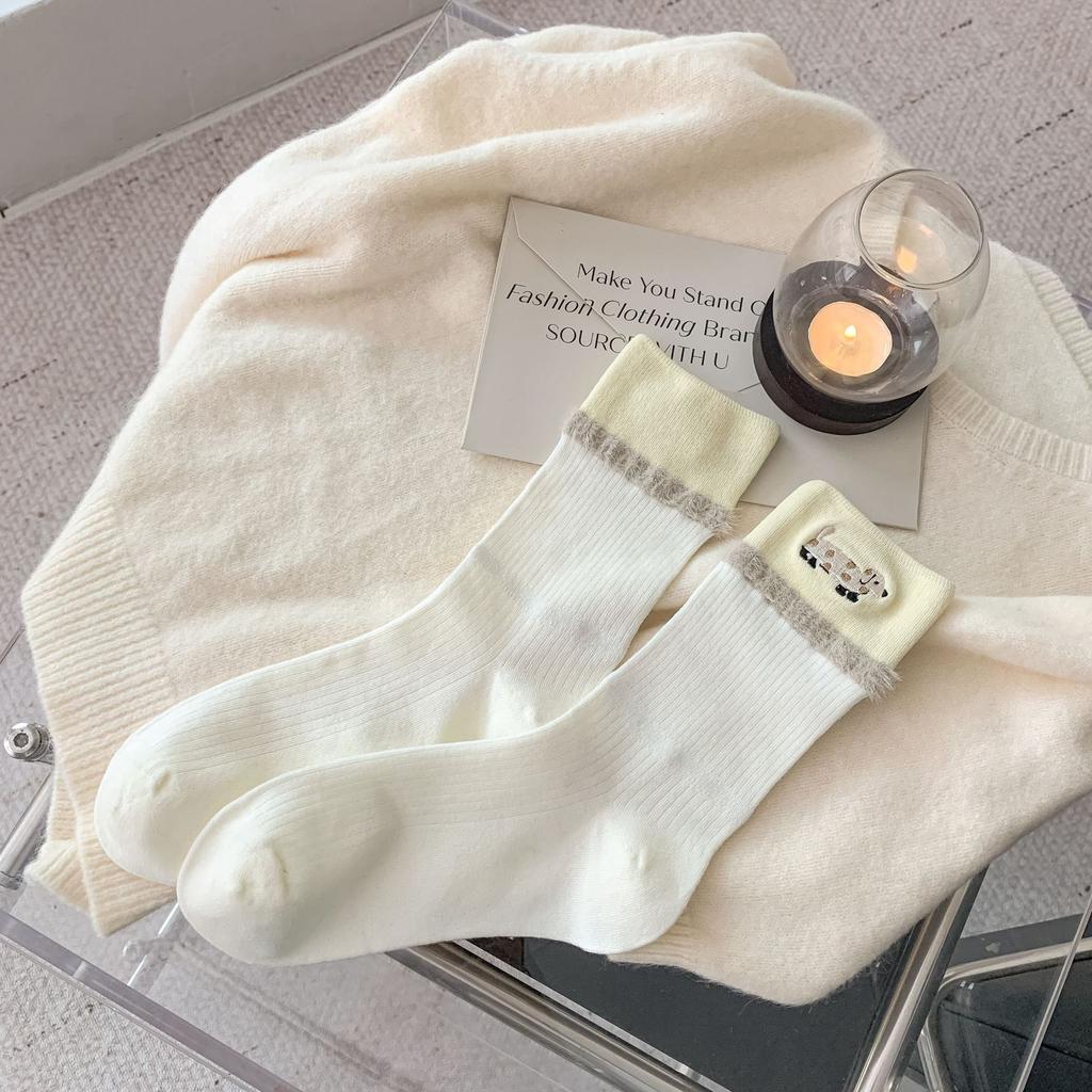 Cute Cartoon Dachshund Dog Socks Medium Tube Socks Tide Spring And Autumn Mink Velvet Color Matching Student Gray Stockings