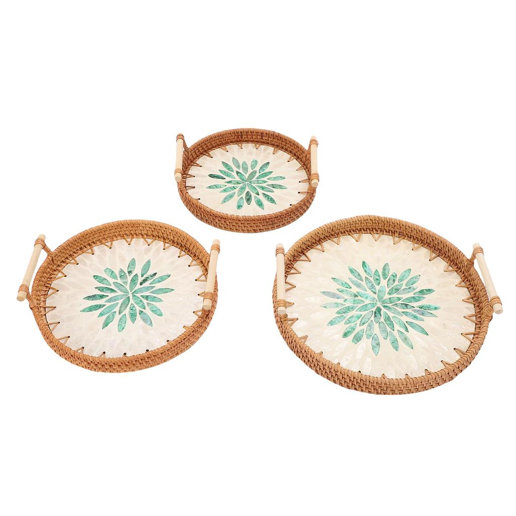 3 Pcs Rattan Tray Round Decorative Rattan Woven Serving Basket with Handles for Living Room
