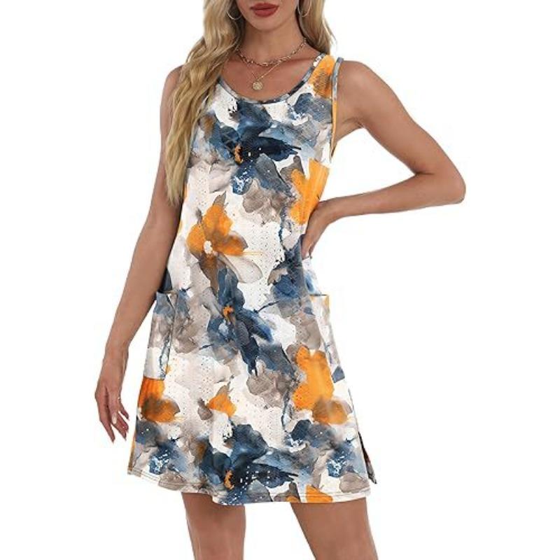 Damen Bedrucktes Lässiges Ärmelloses Westenkleid mit Taschen