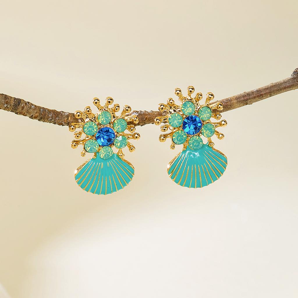 Vintage Design Sense Metal Zircon Shell Drop Earrings for Women Elegant Blue Rhinestone Scallop Earring Fashion Jewelry Gift