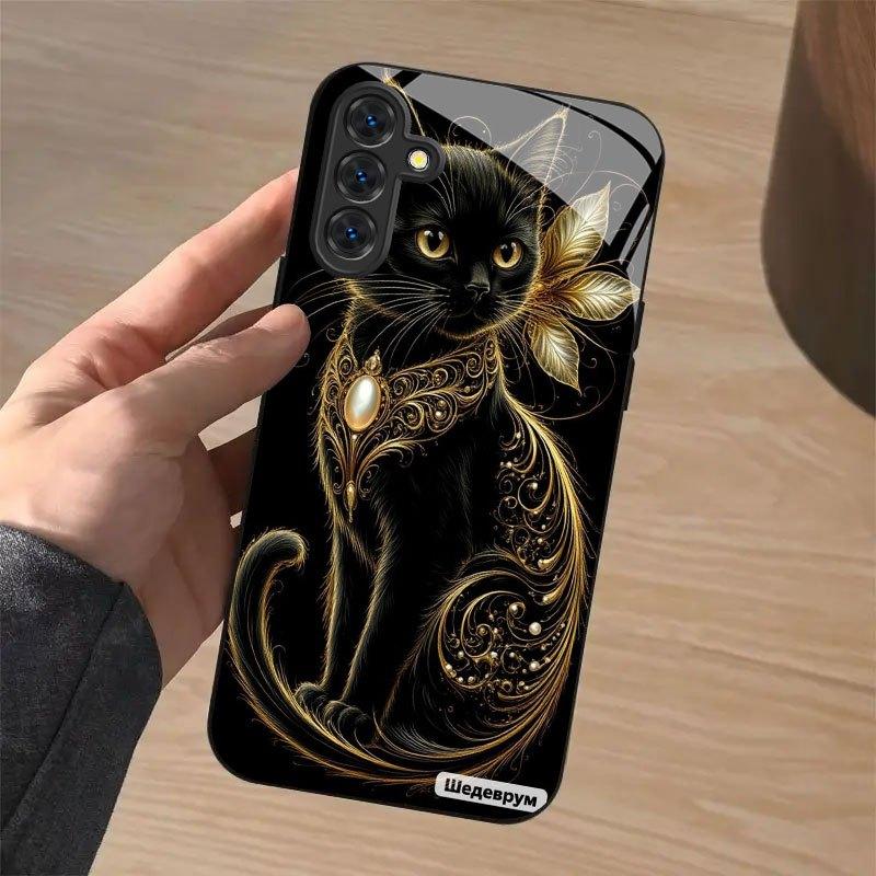 Black Gold Meow Charm Tempered Glass Phone Case Suitable for Samsung Galaxy S26 S25 S24 S22 S21 S20 FE/Ultra/Plus5G Anti Drop