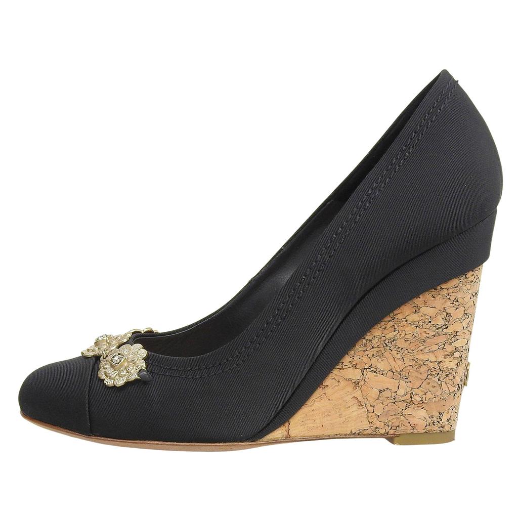 Excellent CHANEL pumps Camellia COCO Mark Rhinestone Wedge Sole black 37 G28002 Used