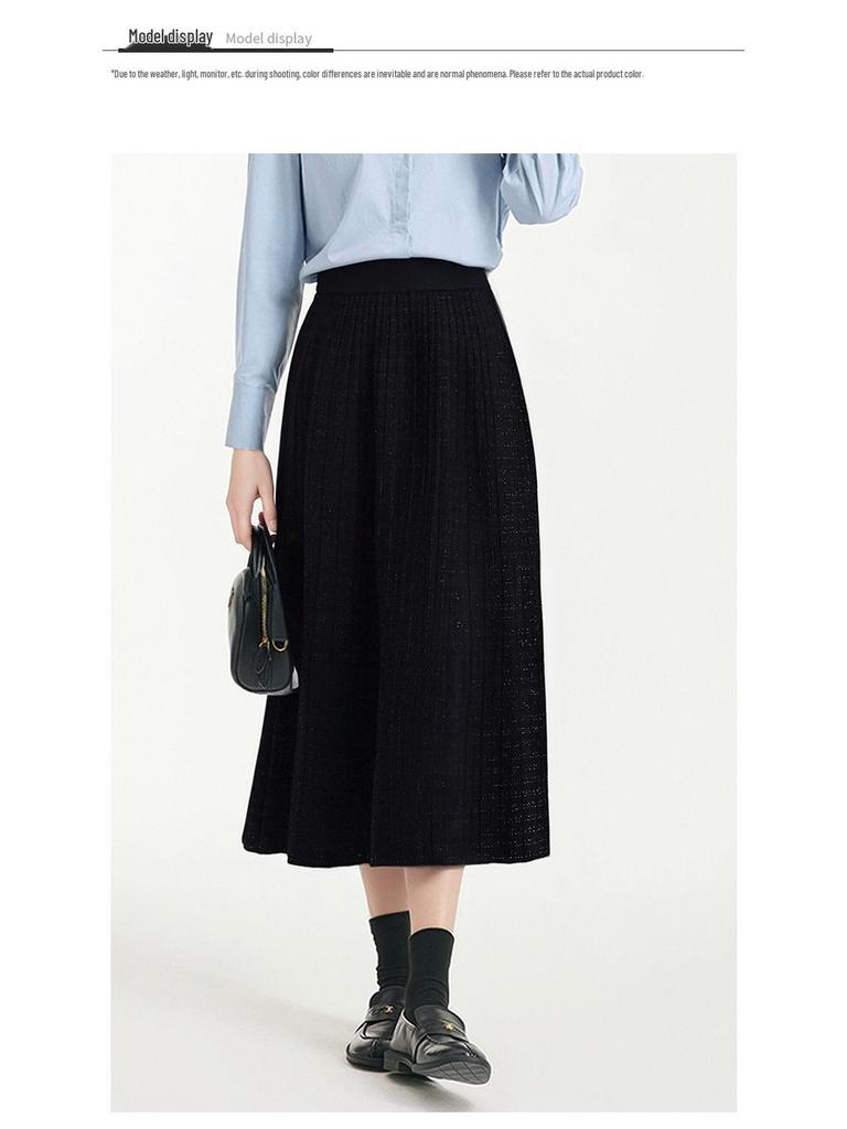 Elegant Women's French Hepburn Wool Knit Midi Pleated Skirt - Slimming 2025 Autumn/Winter Style