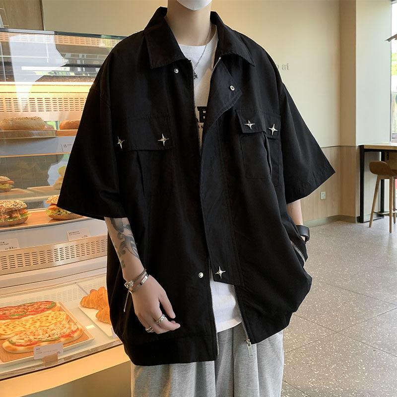 

Men s Black Oversized Short Sleeve Shirt Casual Star Stud Detail Streetwear Top M чёрный