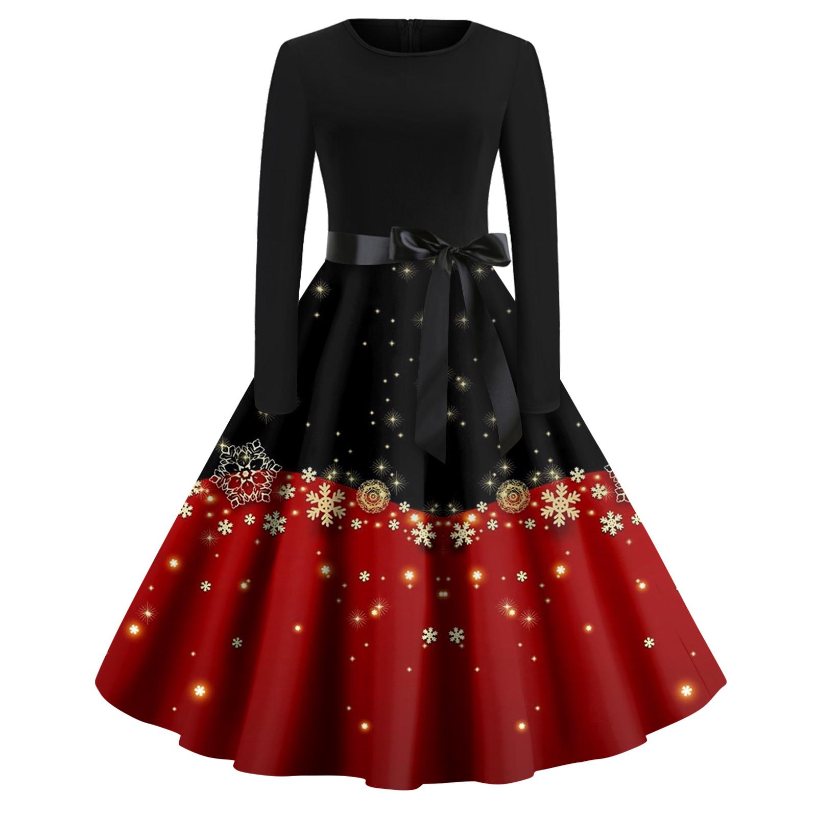 

Рождественский принт расклешенное платье для женщин платье с длинным рукавом полые вечерние повседневные платья XL винный