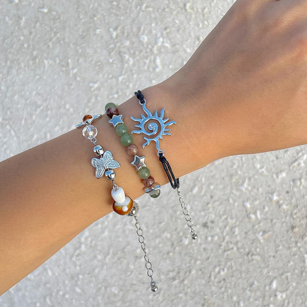 New 3Pcs Kpop Mushroom Butterfly Chain Bracelets Set for Women Summer Wed Bridal Boho Flower Bead Charm Bangles Y2K Jewelry