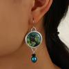 Vintage Round Black Cat Earrings for Women Ethnic Antique Copper Color Painting Green Leaves Blauwe Parel Dangle Earrings