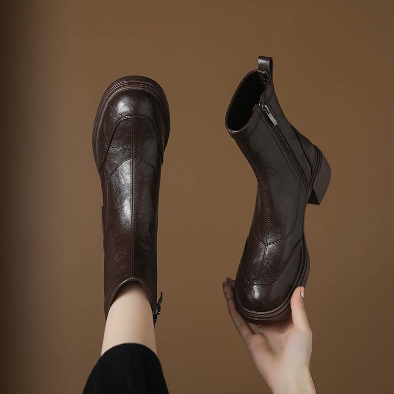 Krazing Pot Microfiber Round Toe Chunky Heels Motorcycle Boots Size 42 Zip Women Platform Ankle Boots