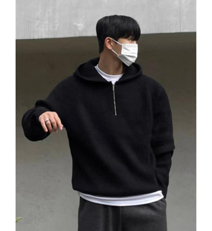 Luxury Korean Style Half-Zip Hoodie - Casual Spring/Autumn Knit Sweater XXXL чёрный