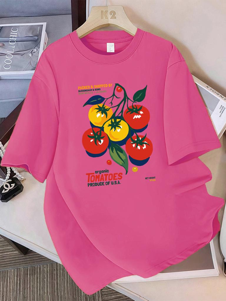 Summer Cotton T-Shirts Women Organic Tomatoes Produce Of Usa Prints Short Sleeve O-Neck Comfortable Loose Tops Casual Clothes