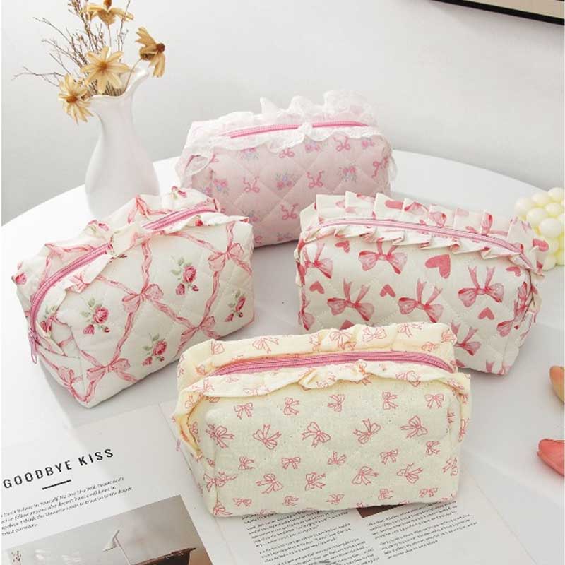 Ruffled Edge Bowknot Floral Print Makeup Bag Large Capacity Quilting Pen Bag Women Cosmetic Storage Bag Travel Wash Bags Clutch