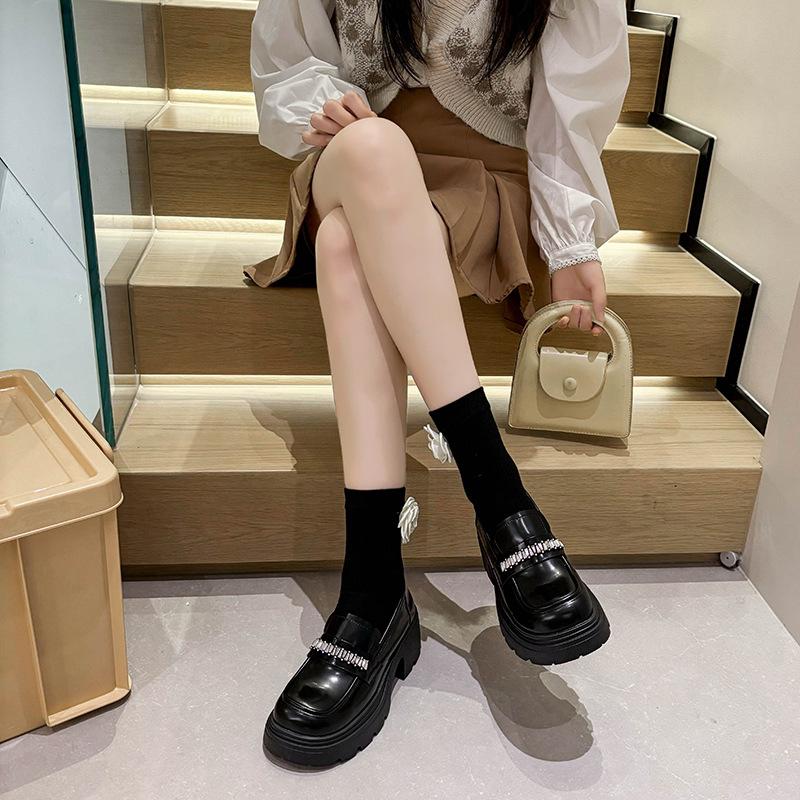 Patent leather rhinestone inner heightening loafers women's 2025 new autumn college style small leather shoes one pedal muffin single shoes