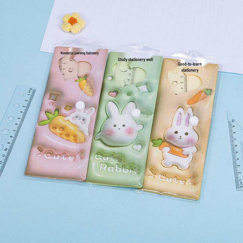 Cute Cartoon Student Ruler Set: Transparent 20cm Straight Ruler, Triangle Ruler, Protractor - 4 Pieces