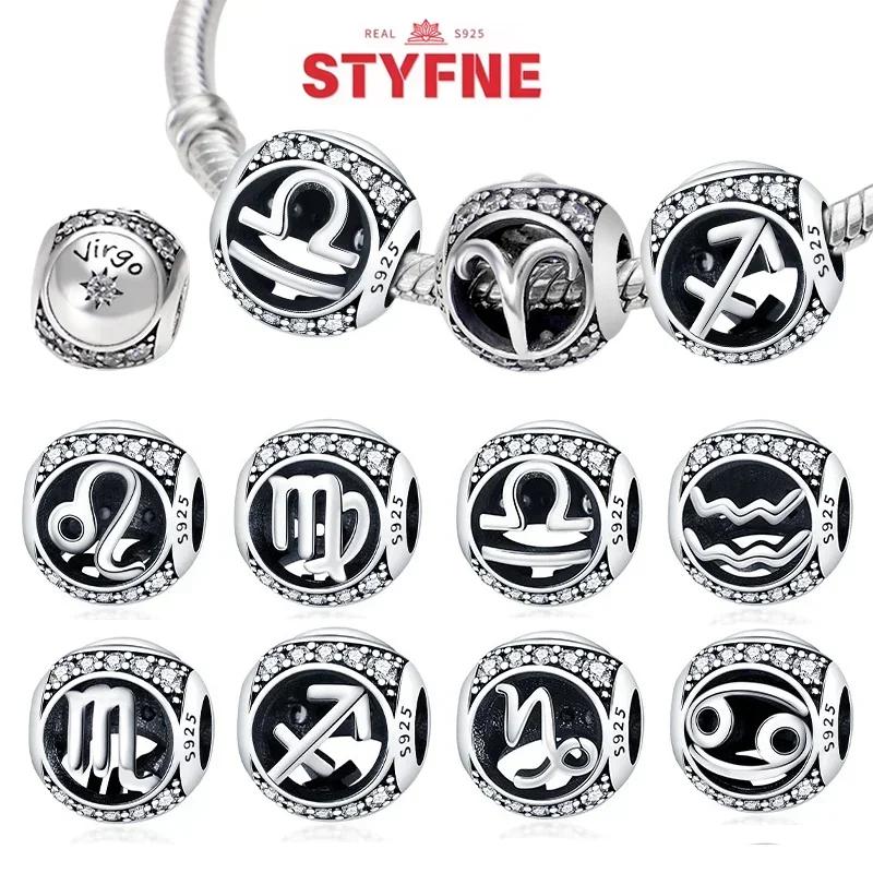 Authentic Copper Twelve Zodiac Sign Set Cartoon Taurus Gemini Star Shape Heart Pendant Bead Charms Compatible With Bracelets Diy Birthday Women Gift