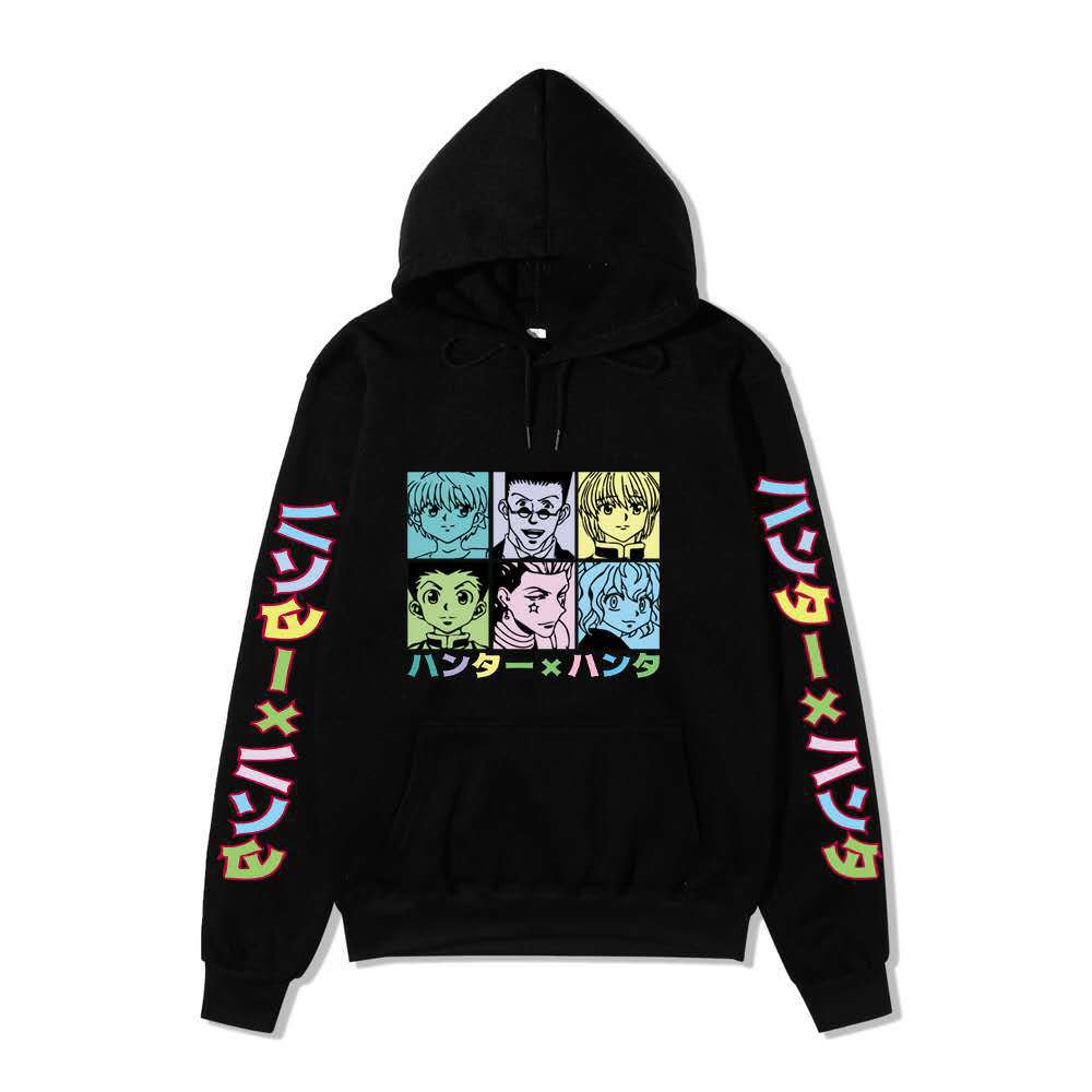 Hunter X Hunter Six Characters Grid Hoodie Color Japanese Sleeve Print Anime Casual Hooded Sweatshirt Pullover