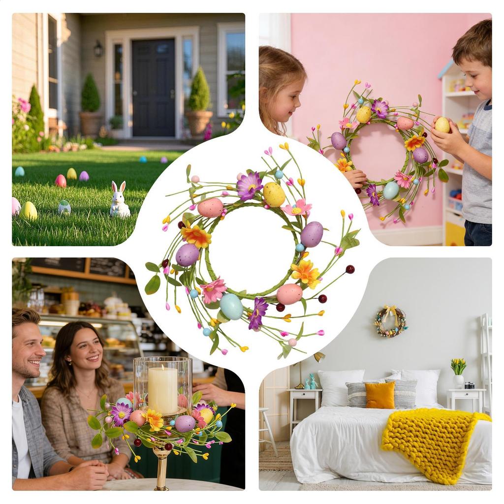 Easter Candle Wreath 10.6 Inch Egg Wild Flowers Garland Small Easter Wreath for Porch Outdoor Indoor Kitchen Doors Wall Table