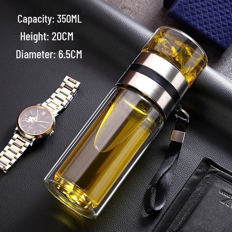 Men's Double-Walled Glass Tea Cup - Transparent, Insulated, Portable Business Gift