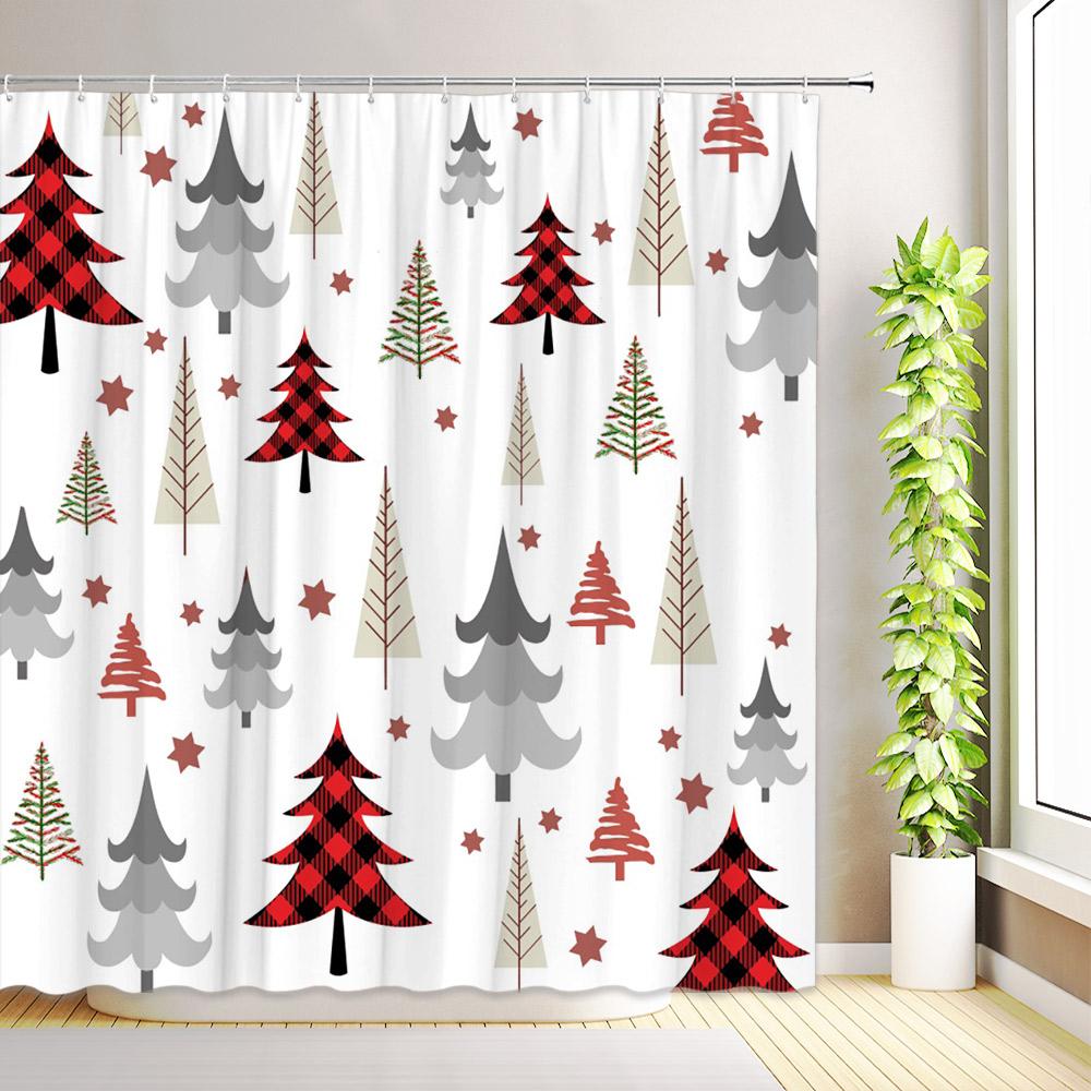 Christmas Shower Curtain Buffalo Plaid Xmas Tree Winter Snowflake Reindeer Nature Forest Cedar New Year Bathroom Decor with Hook