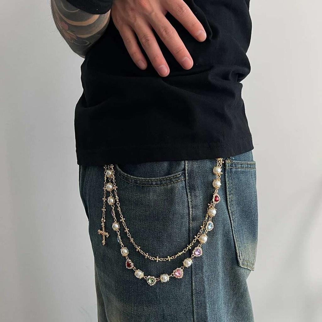 PuRui Double Layer Jesus Cross Pendant Jeans Pant Alloy Chain Men Fashion Love Heart Colorful Rhinestone Belt Chain Y2K Zircon