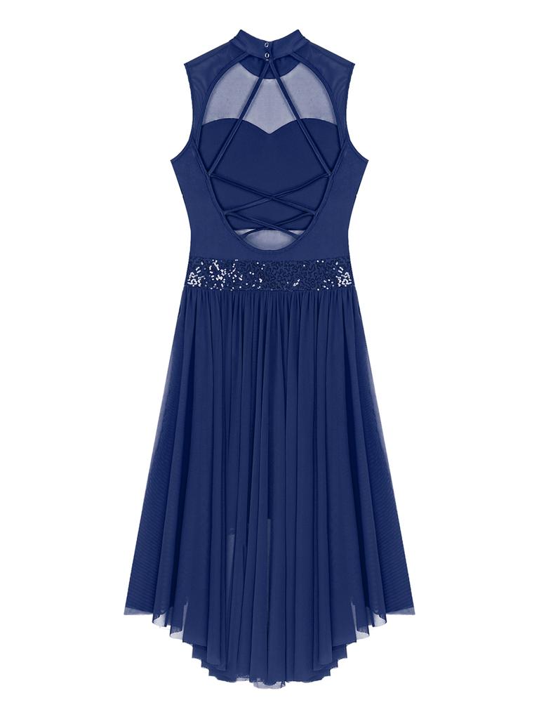 Lesklé flitry bez rukávů Baletní tutu šaty Trikot Taneční oblečení Síťované šaty s rozštěpem Lyrické šaty pro moderní současný tanec