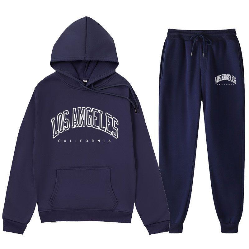 LOS Los Angeles Letter Printed Same Color And Pants Set For Men's Autumn/Winter With Velvet Hoodie